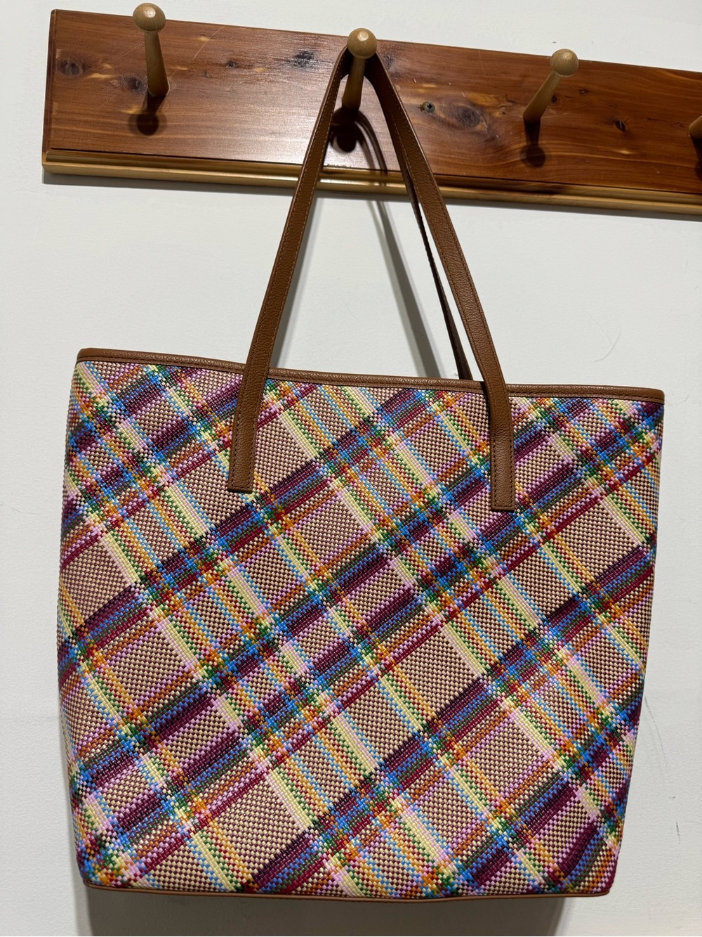 Talbots Multicolor Plaid Tote with Brown Handles